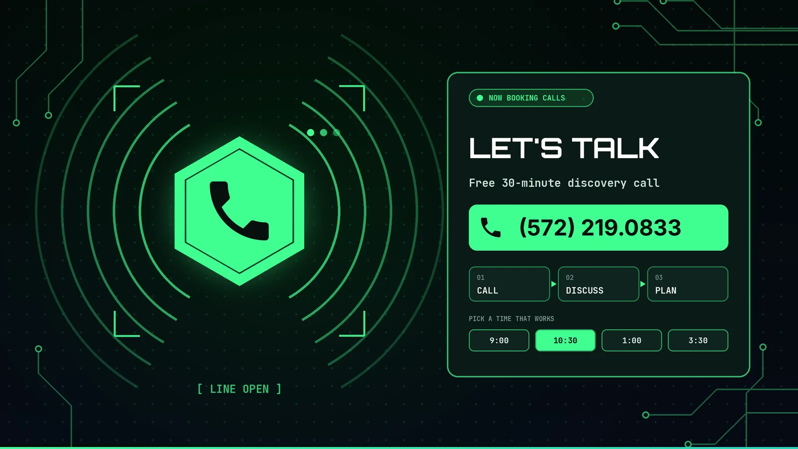 Let's talk: call (572) 219.0833 for a free 30-minute discovery call