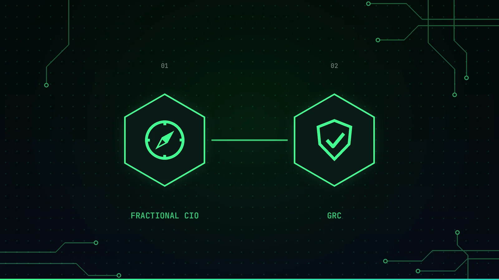 Two connected hexagons representing the Cervo Analytics services: fractional CIO and GRC